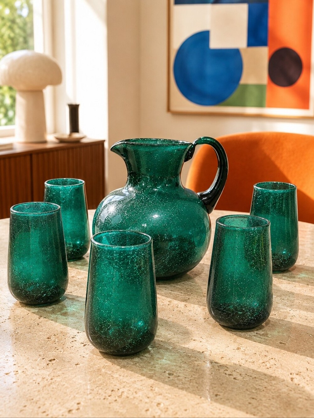 Vintage Green Pulegoso Art Glass Pitcher & 5 Tumblers Mid Century Set